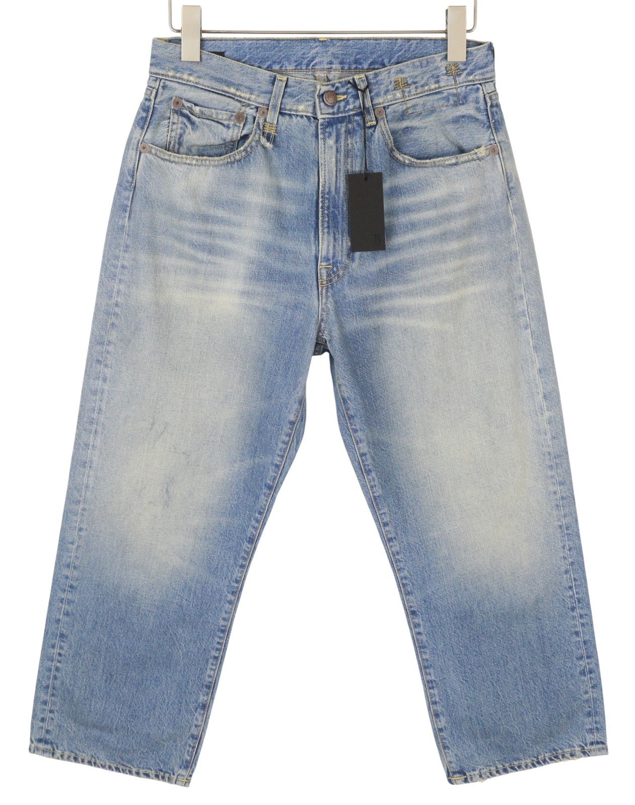 R13 X-BF moteriški džinsai 27 Merrin mėlyni ūsai su išblukusiu trumpintu užtrauktuku PF25 