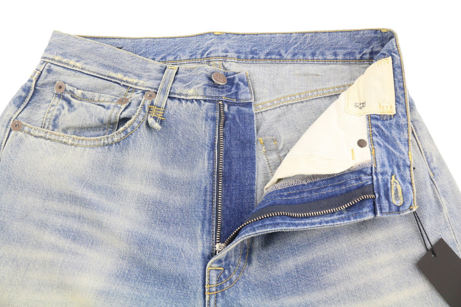 R13 X-BF moteriški džinsai 27 Merrin mėlyni ūsai su išblukusiu trumpintu užtrauktuku PF25 