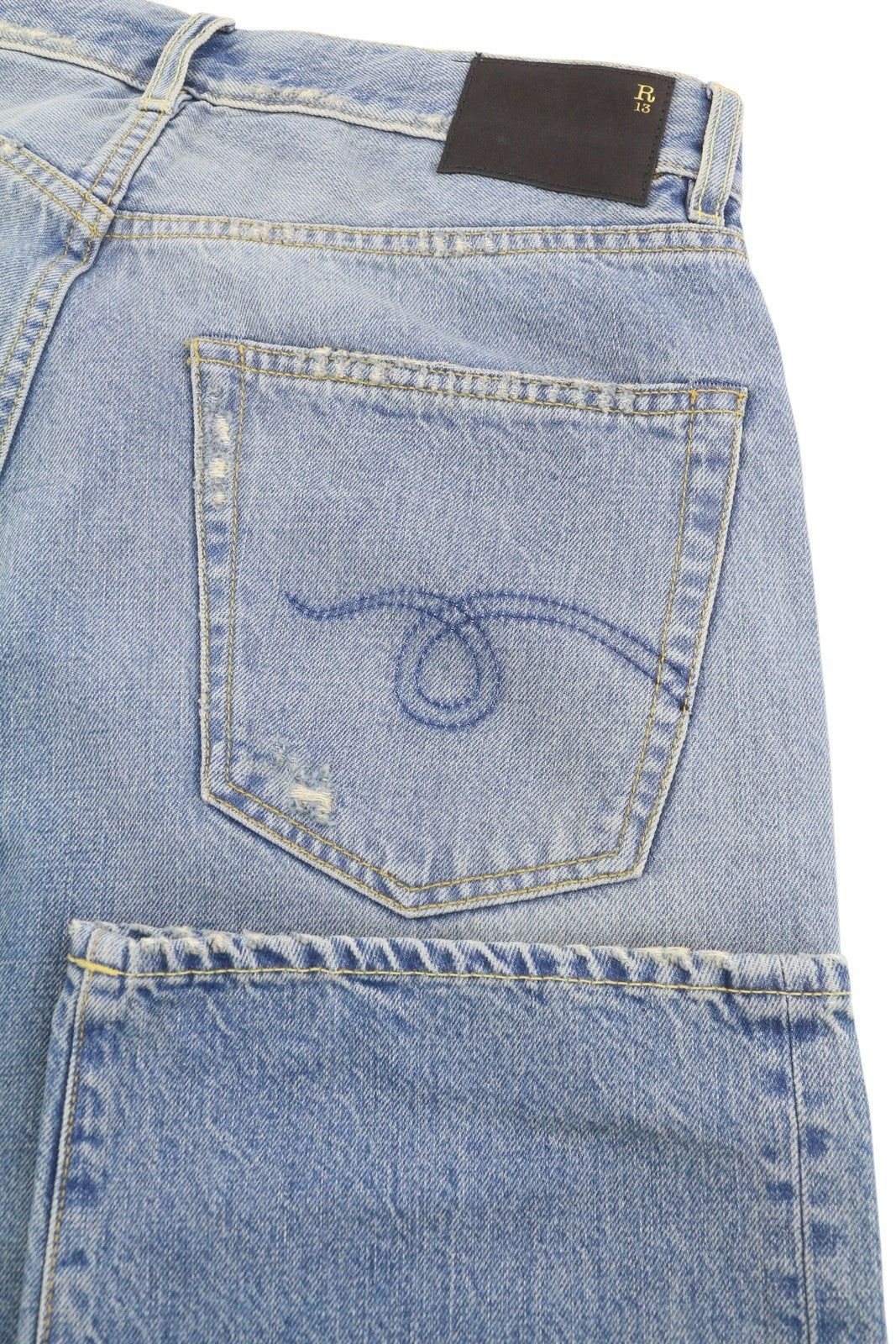 R13 X-BF moteriški džinsai 27 Merrin mėlyni ūsai su išblukusiu trumpintu užtrauktuku PF25 