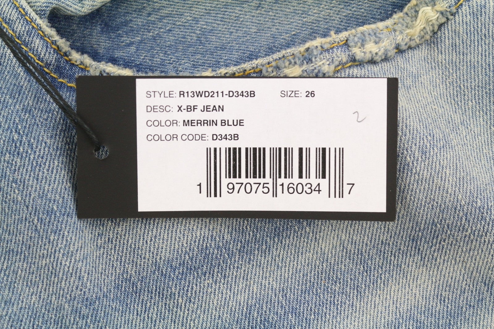 R13 X-BF moteriški džinsai 26 Merrin mėlyni ūsai su išblukusiais trumpais užtrauktuku PF25 RRP795 