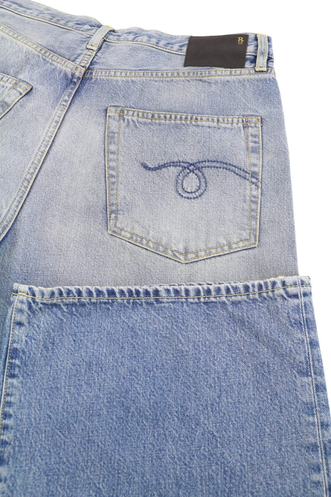 R13 D'Arcy laisvi vyriški džinsai, 33 dydis, mėlyni ūsai, išblukę, nešvarūs, su užtrauktuku, 25 dydžio. 