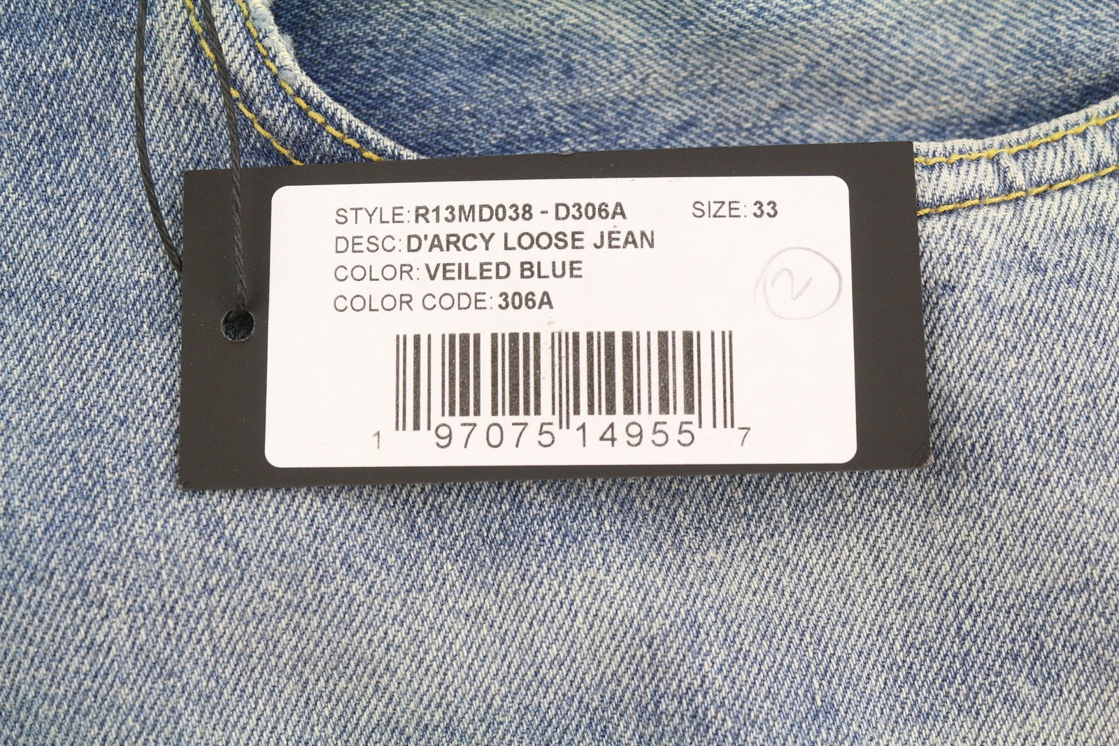 R13 D'Arcy laisvi vyriški džinsai, 33 dydis, mėlyni ūsai, išblukę, nešvarūs, su užtrauktuku, 25 dydžio. 