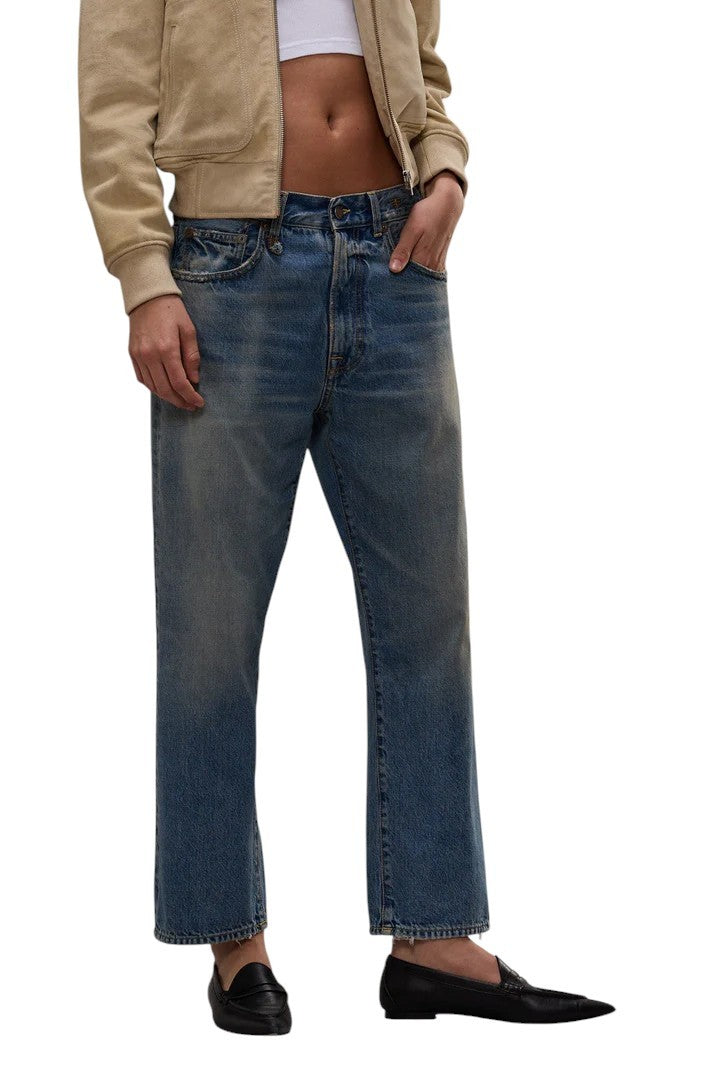 R13 X-BF moteriški džinsai 24 Merrin mėlyni ūsai su išblukusiais trumpais užtrauktuku PF25 RRP795 