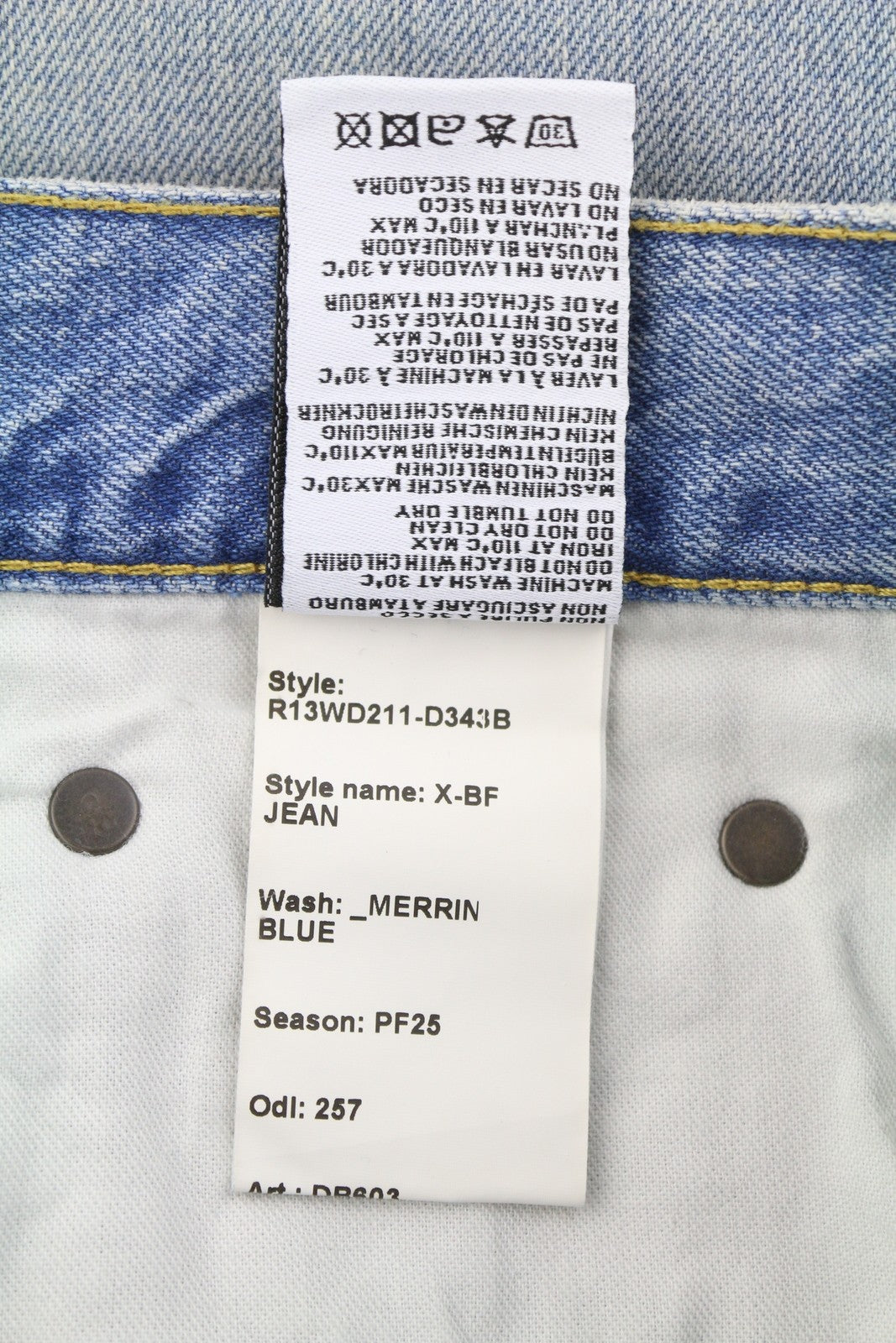R13 X-BF moteriški džinsai 24 Merrin mėlyni ūsai su išblukusiais trumpais užtrauktuku PF25 RRP795 