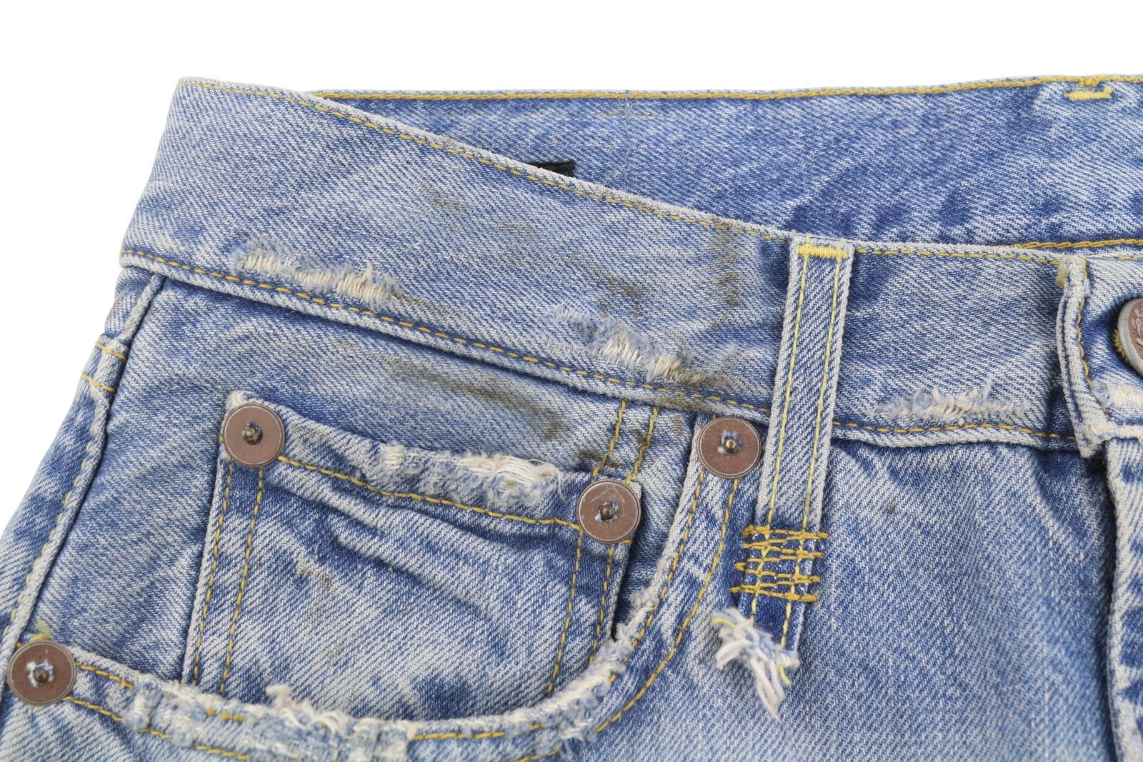 R13 X-BF moteriški džinsai 24 Merrin mėlyni ūsai su išblukusiais trumpais užtrauktuku PF25 RRP795 