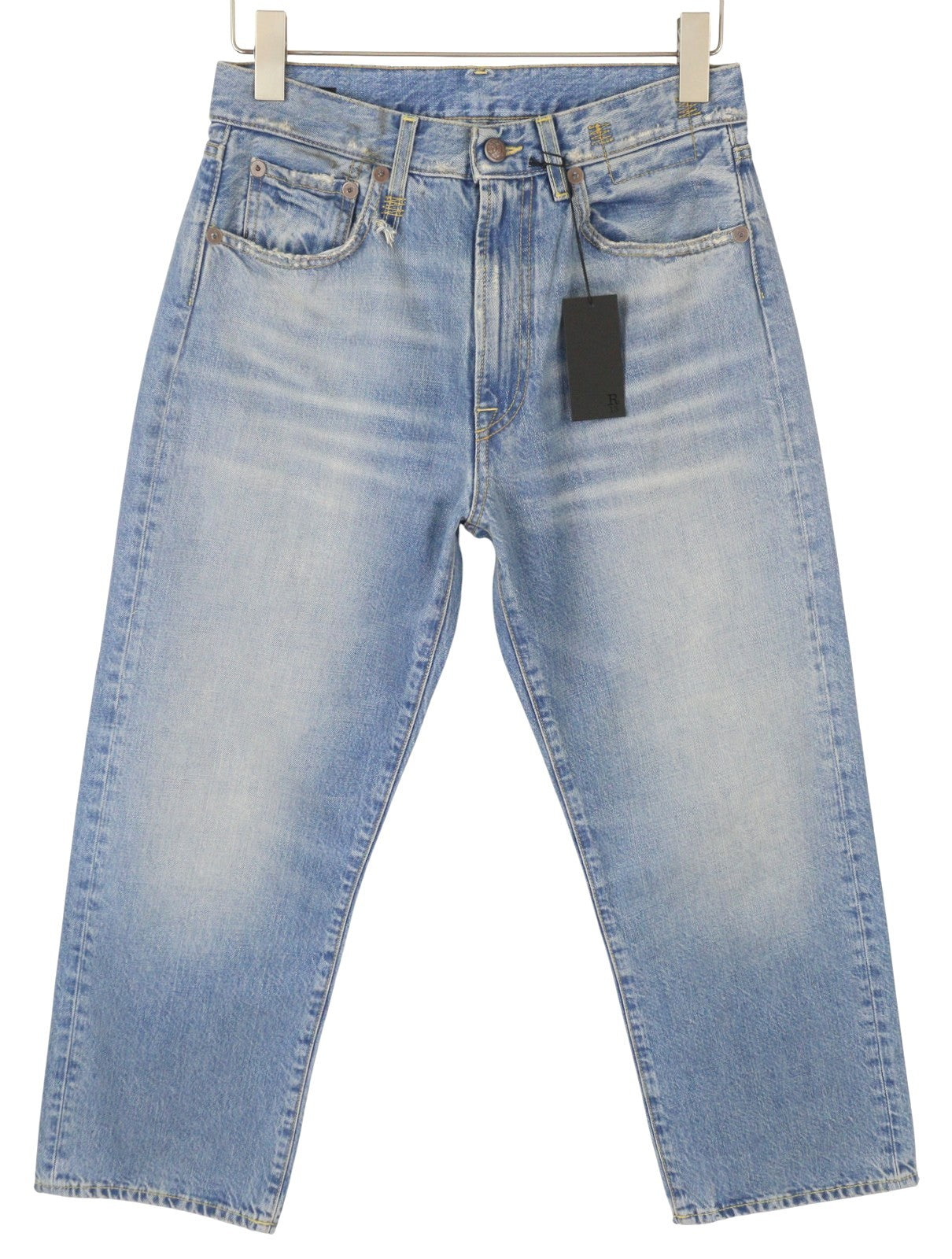 R13 X-BF moteriški džinsai 24 Merrin mėlyni ūsai su išblukusiais trumpais užtrauktuku PF25 RRP795 
