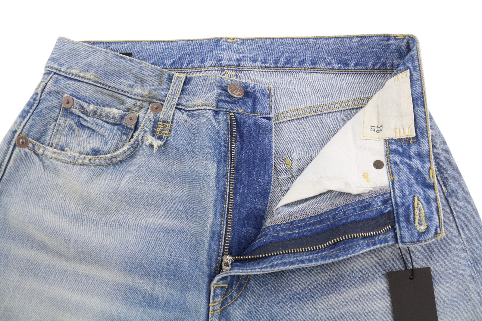 R13 X-BF moteriški džinsai 24 Merrin mėlyni ūsai su išblukusiais trumpais užtrauktuku PF25 RRP795 