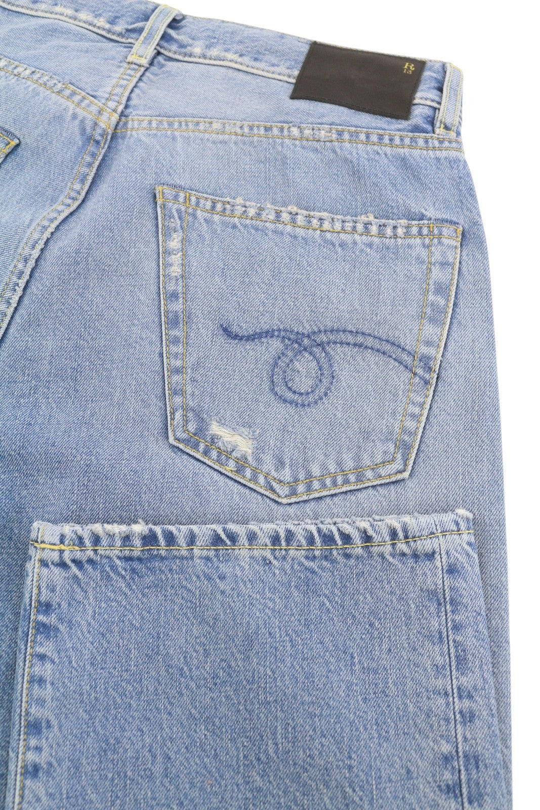 R13 X-BF moteriški džinsai 24 Merrin mėlyni ūsai su išblukusiais trumpais užtrauktuku PF25 RRP795 