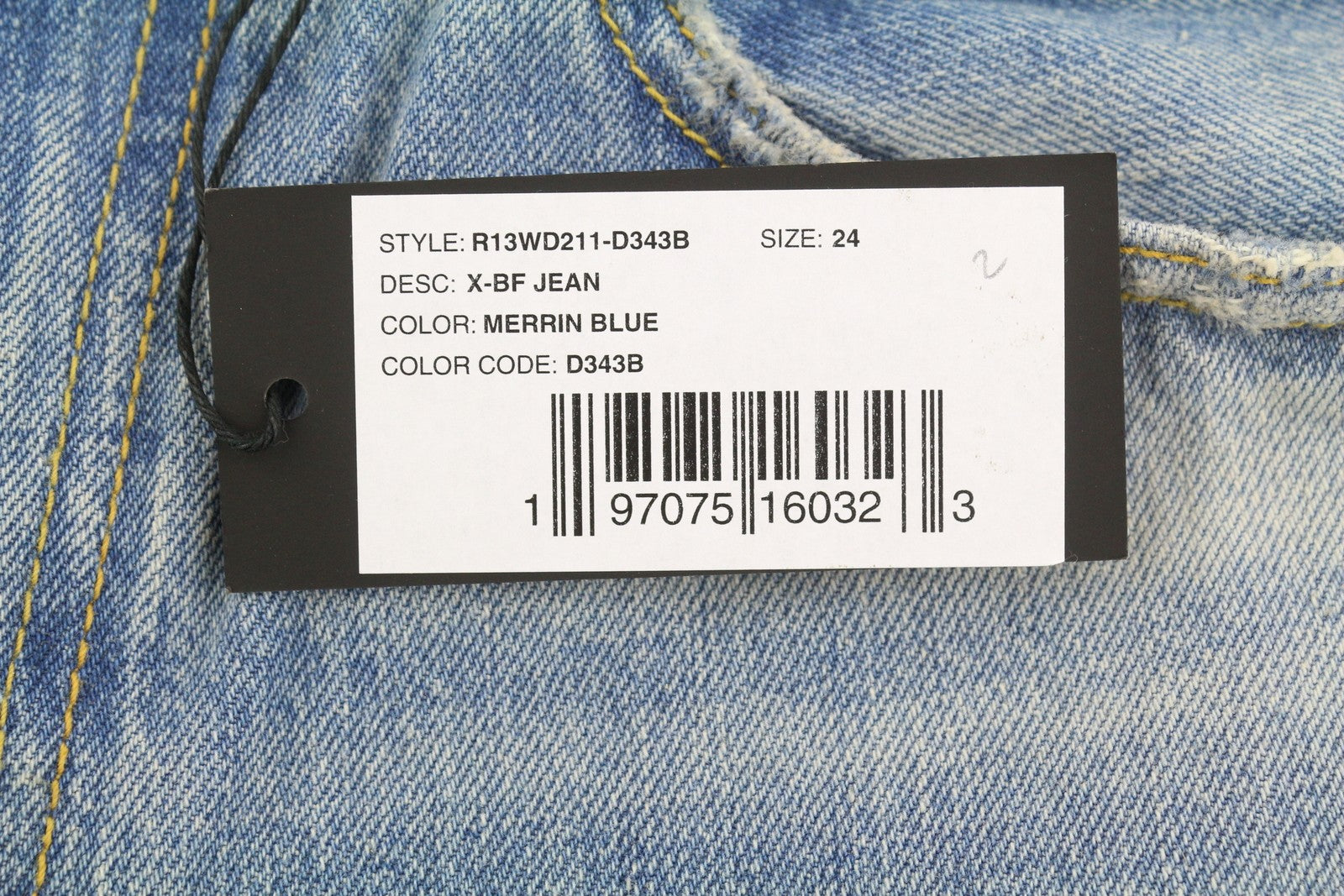 R13 X-BF moteriški džinsai 24 Merrin mėlyni ūsai su išblukusiais trumpais užtrauktuku PF25 RRP795 