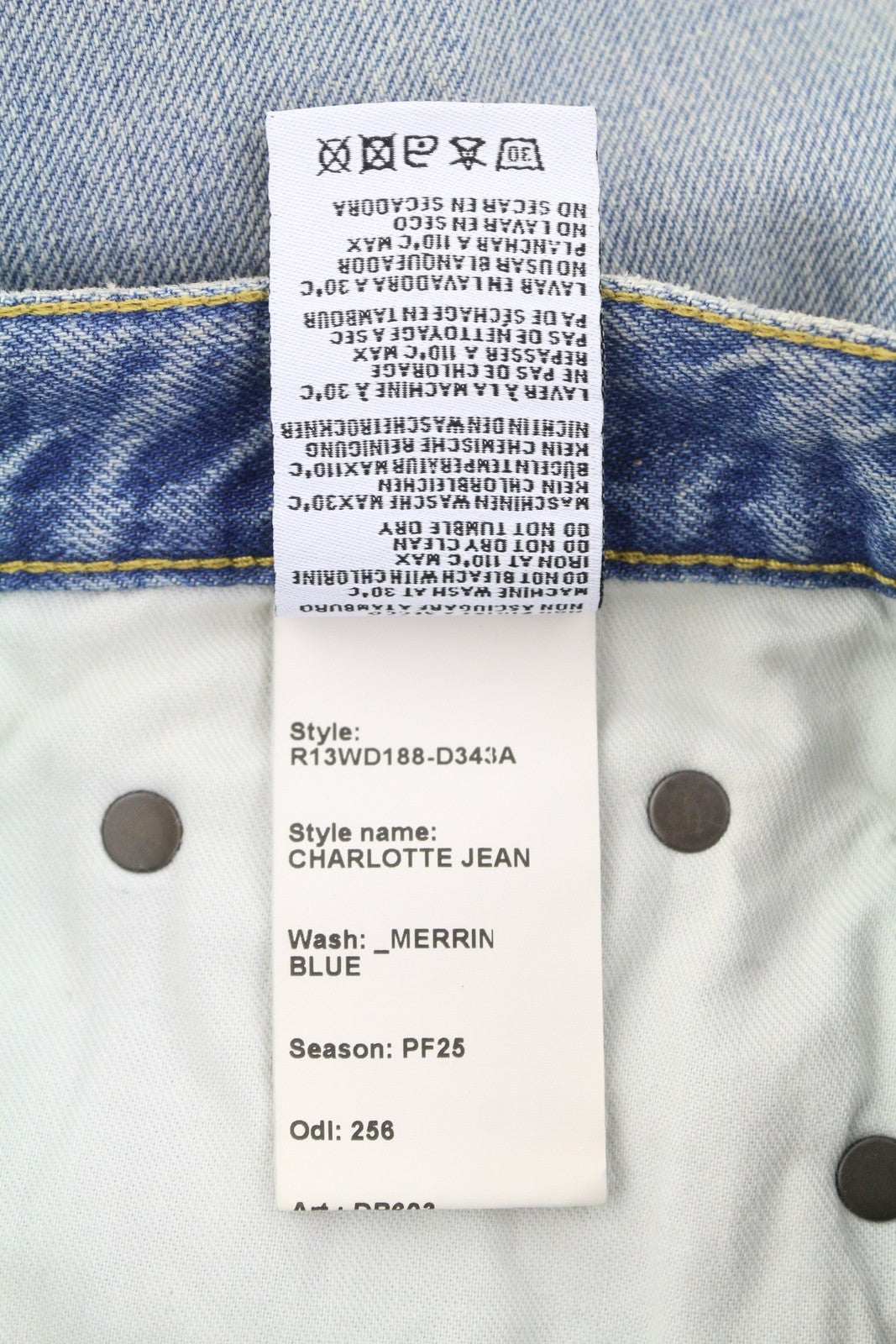 R13 Charlotte moteriški džinsai 25 Merrin mėlyni blukinti platėjantys aukštu juosmeniu PF25 RRP795 