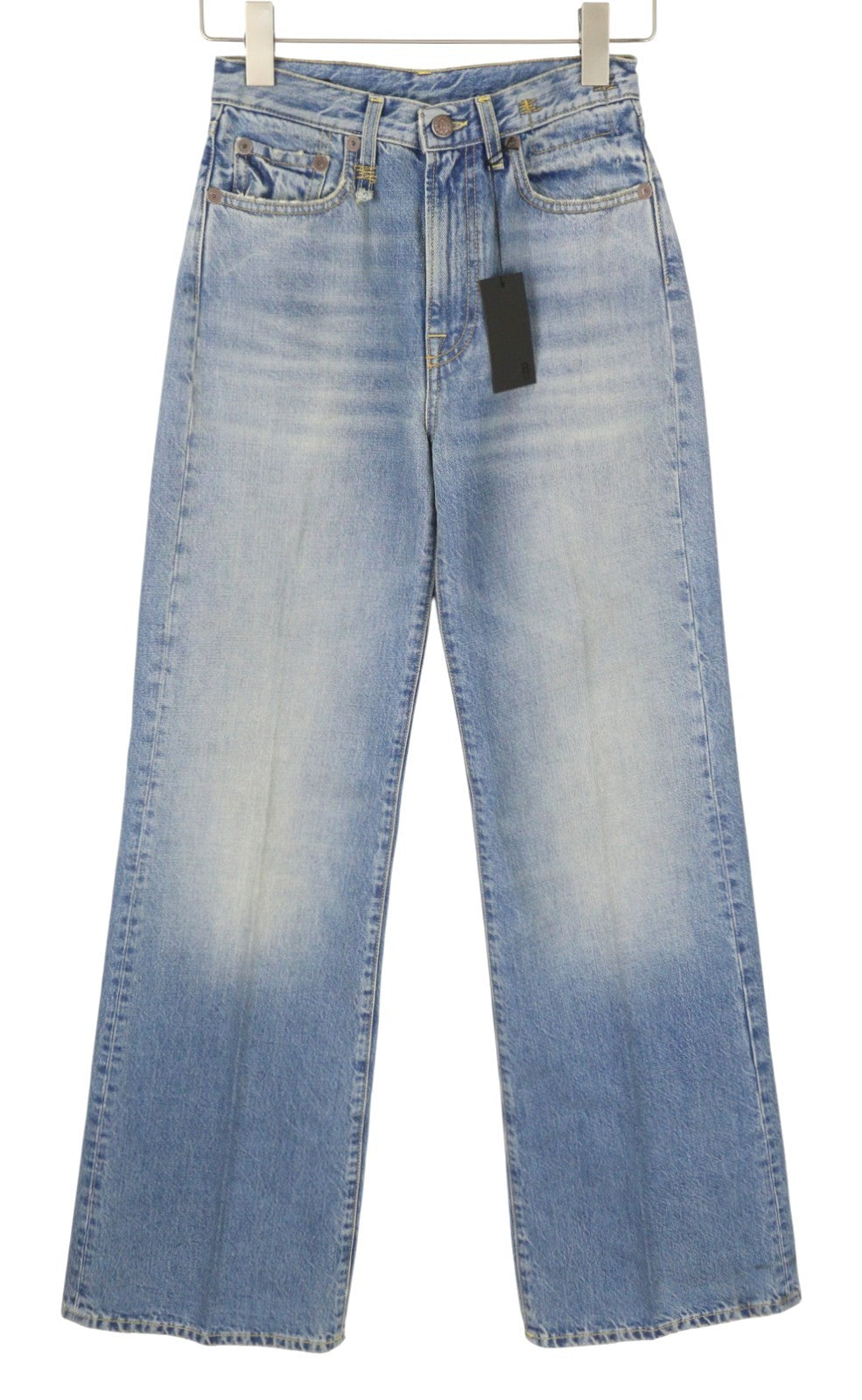 R13 Charlotte moteriški džinsai 25 Merrin mėlyni blukinti platėjantys aukštu juosmeniu PF25 RRP795 