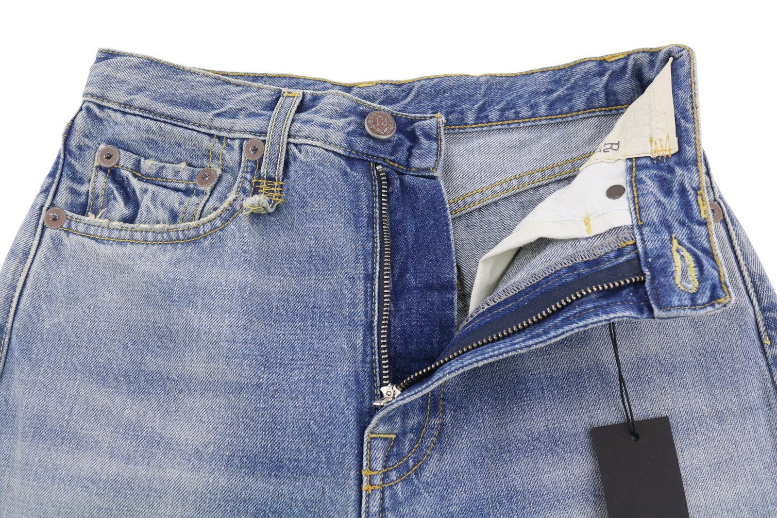 R13 Charlotte moteriški džinsai 25 Merrin mėlyni blukinti platėjantys aukštu juosmeniu PF25 RRP795 