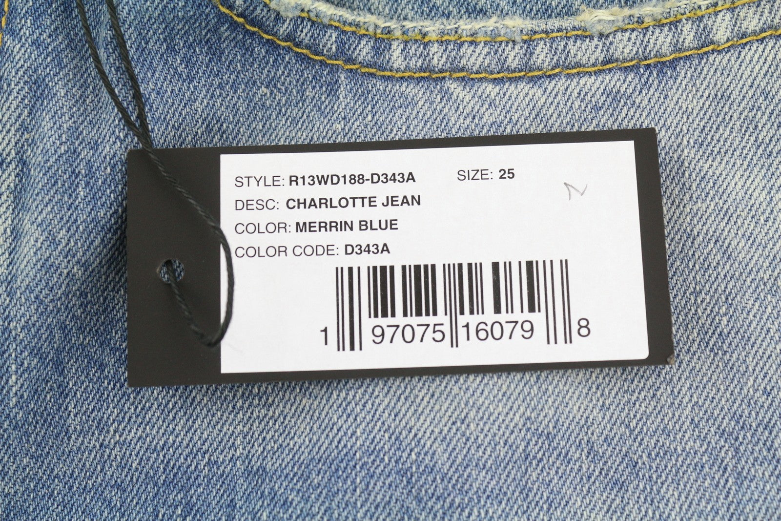 R13 Charlotte moteriški džinsai 25 Merrin mėlyni blukinti platėjantys aukštu juosmeniu PF25 RRP795 