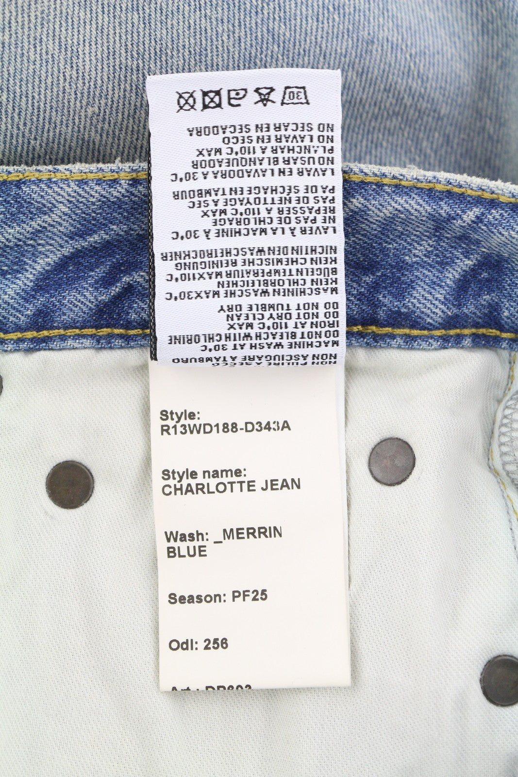 R13 Charlotte moteriški džinsai 26 Merrin mėlyni blukinti platėjantys aukštu juosmeniu PF25 RRP795 