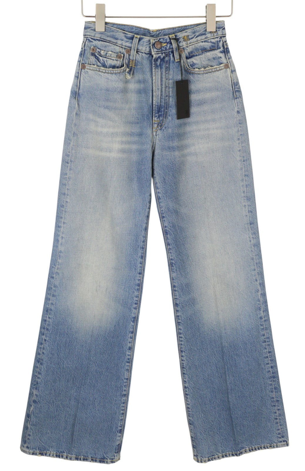 R13 Charlotte moteriški džinsai 26 Merrin mėlyni blukinti platėjantys aukštu juosmeniu PF25 RRP795 