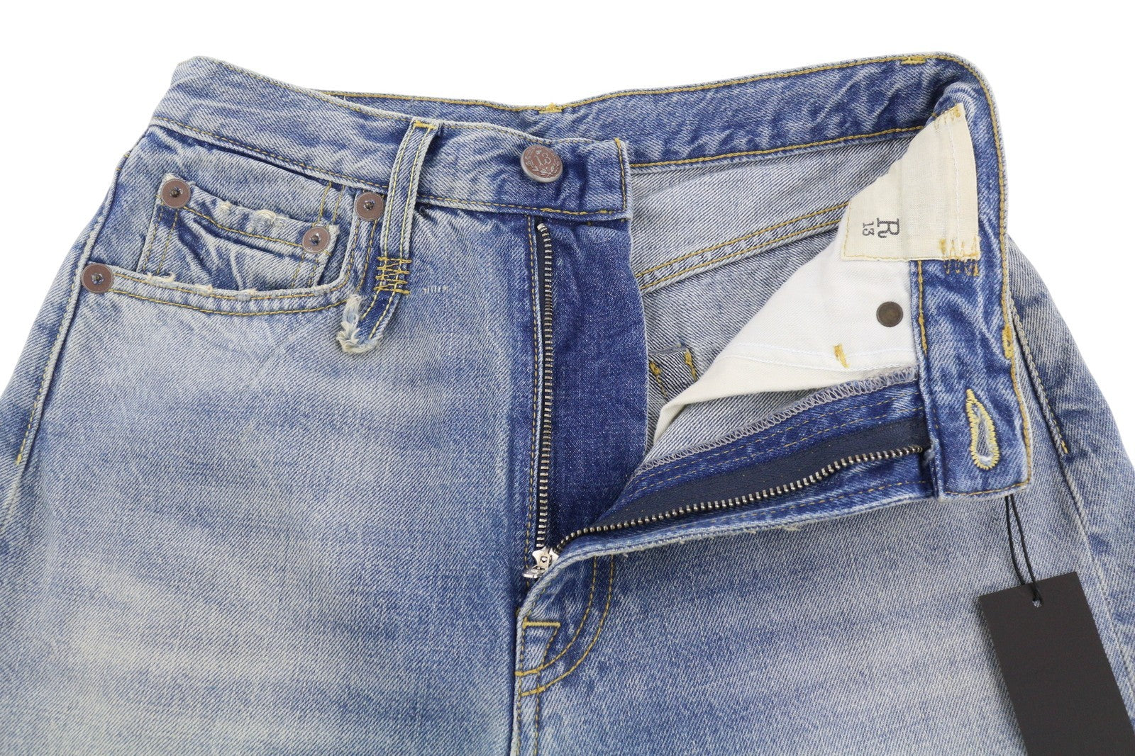 R13 Charlotte moteriški džinsai 26 Merrin mėlyni blukinti platėjantys aukštu juosmeniu PF25 RRP795 