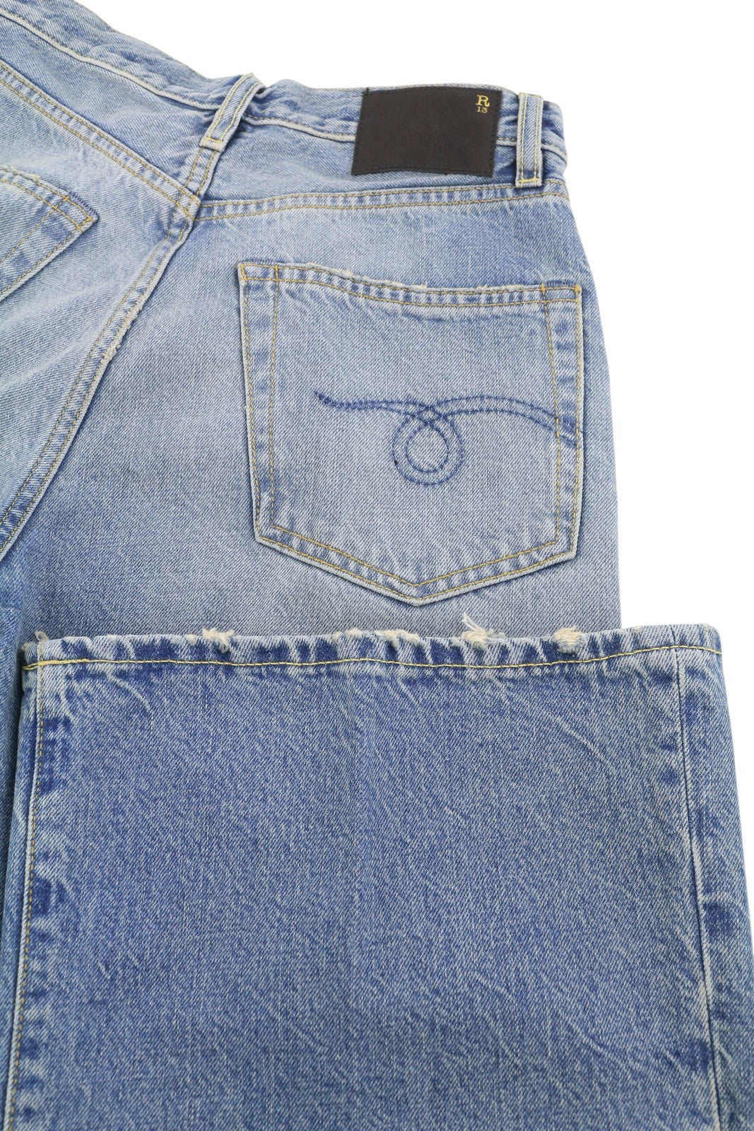 R13 Charlotte moteriški džinsai 26 Merrin mėlyni blukinti platėjantys aukštu juosmeniu PF25 RRP795 