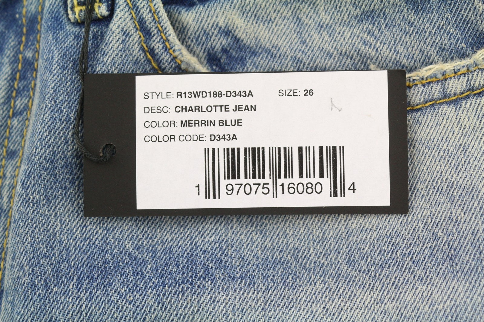 R13 Charlotte moteriški džinsai 26 Merrin mėlyni blukinti platėjantys aukštu juosmeniu PF25 RRP795 