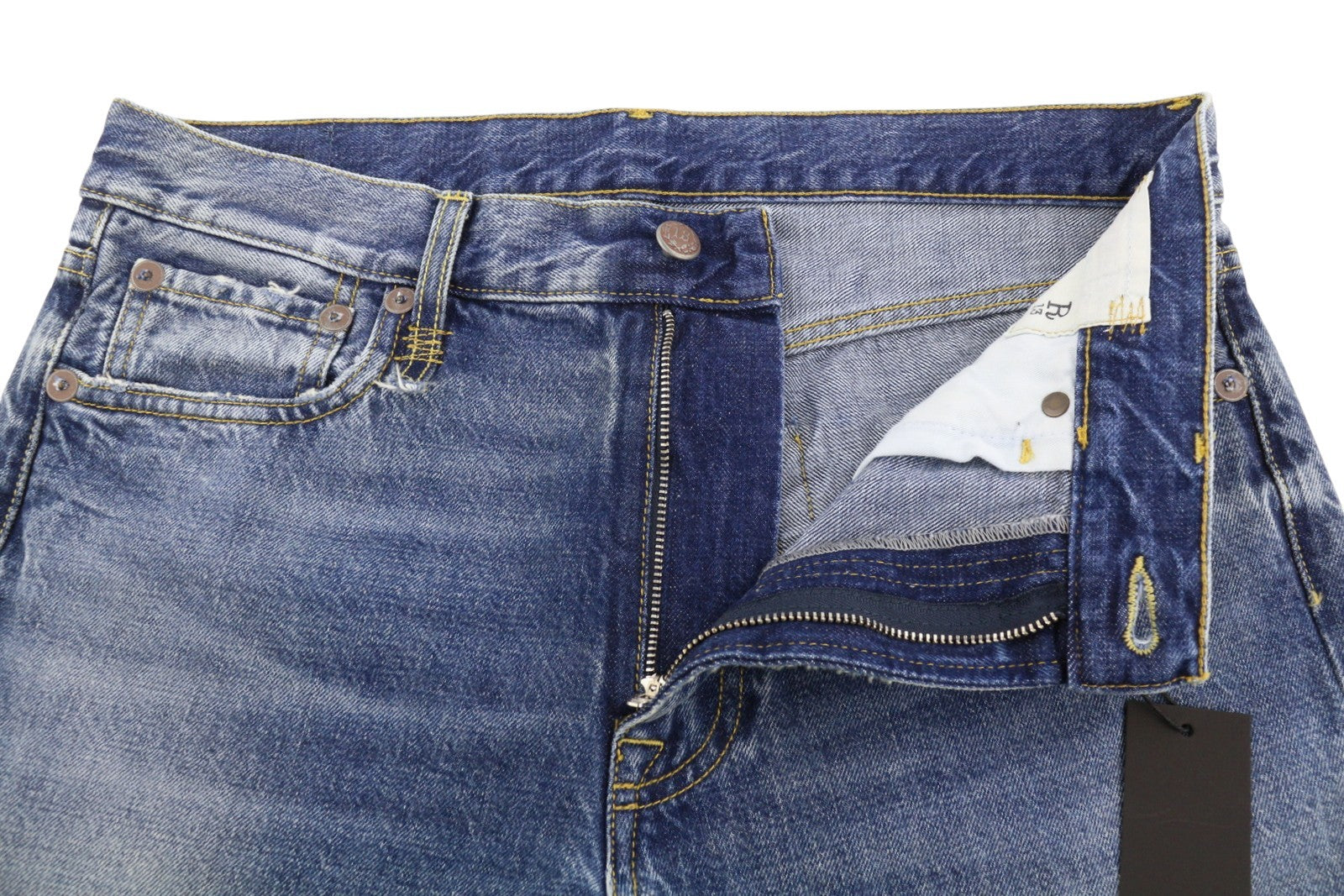 R13 Romeo moteriški džinsai, 29 Kutton mėlyni, ūsuoti, išblukę, trumpi, tiesaus kirpimo, FW25 