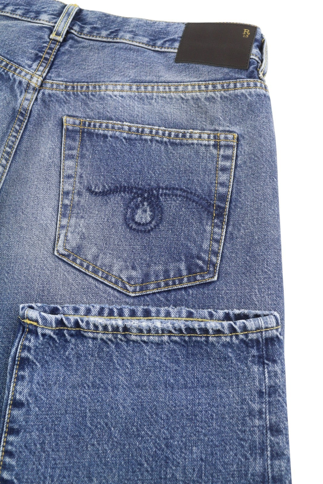 R13 Romeo moteriški džinsai, 29 Kutton mėlyni, ūsuoti, išblukę, trumpi, tiesaus kirpimo, FW25 