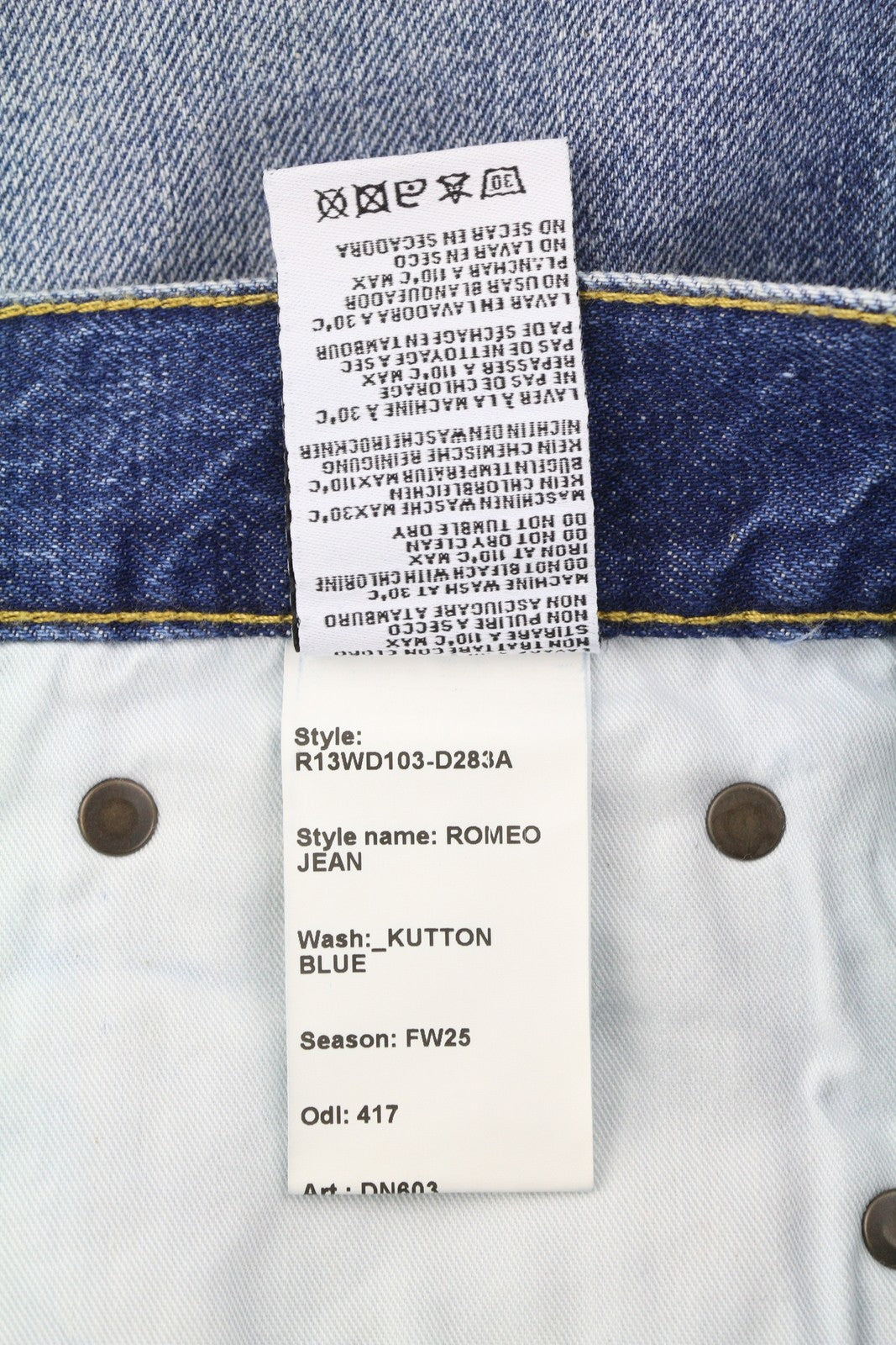 R13 Romeo moteriški džinsai, 29 Kutton mėlyni, ūsuoti, išblukę, trumpi, tiesaus kirpimo, FW25 