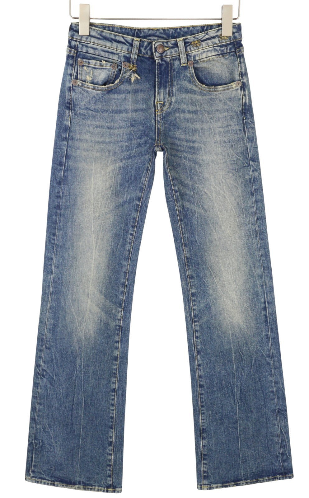 R13 berniukiški platėjantys moteriški džinsai 25 Kelly tamprūs platėjantys su išblukusiais ūsais mėlyni PF25 RRP645 