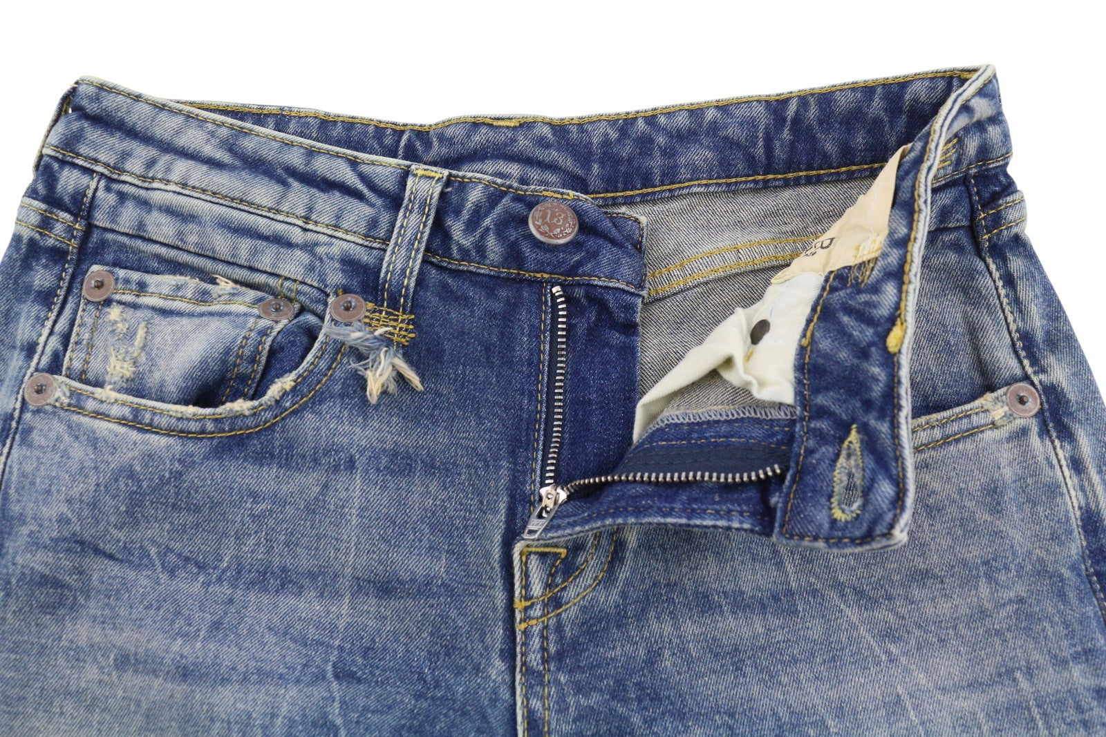 R13 berniukiški platėjantys moteriški džinsai 25 Kelly tamprūs platėjantys su išblukusiais ūsais mėlyni PF25 RRP645 