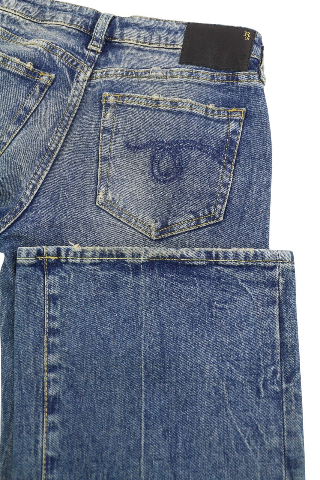 R13 berniukiški platėjantys moteriški džinsai 25 Kelly tamprūs platėjantys su išblukusiais ūsais mėlyni PF25 RRP645 