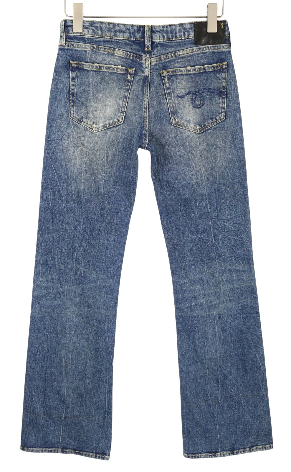 R13 berniukiški platėjantys moteriški džinsai 26 Kelly tamprūs platėjantys su išblukusiais ūsais PF25 RRP645 