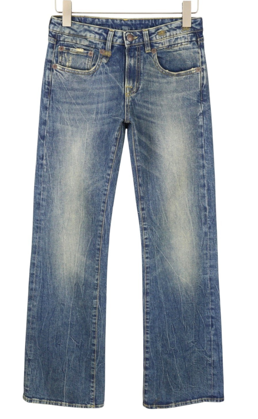 R13 berniukiški platėjantys moteriški džinsai 26 Kelly tamprūs platėjantys džinsai su išblukusiais ūsais mėlyni PF25 RRP645 