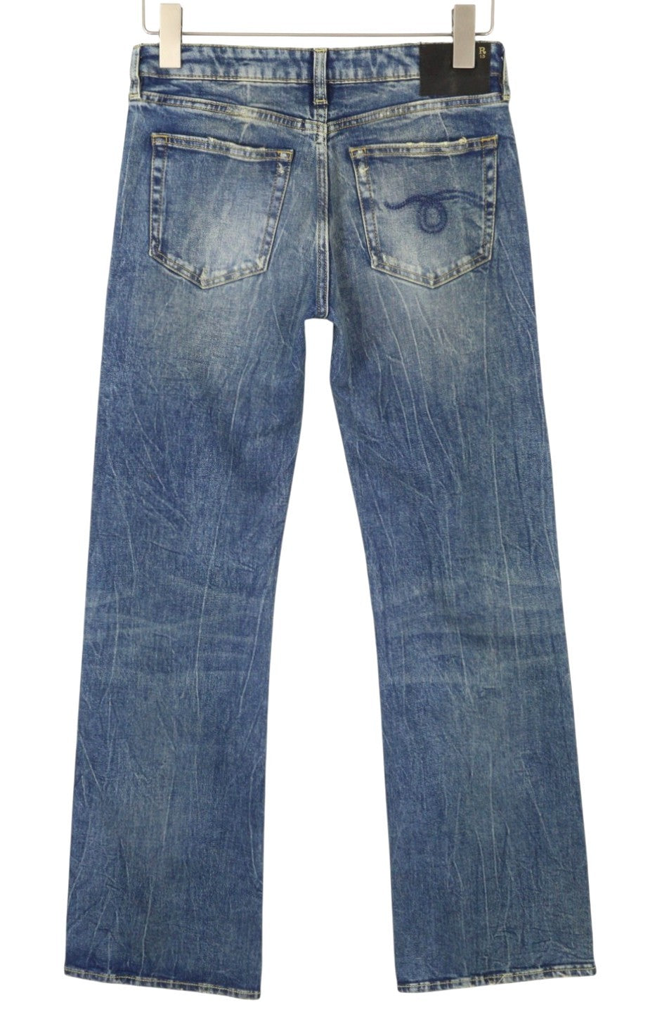 R13 berniukiški platėjantys moteriški džinsai 26 Kelly tamprūs platėjantys džinsai su išblukusiais ūsais mėlyni PF25 RRP645 