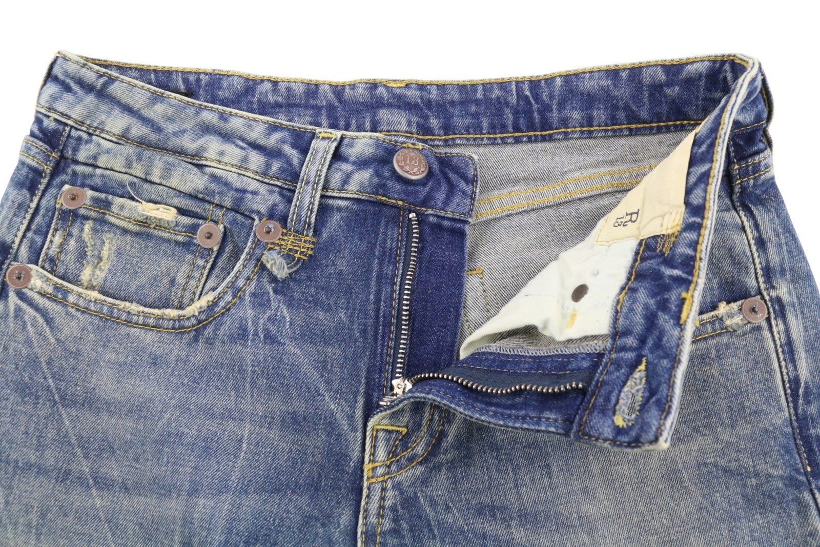 R13 berniukiški platėjantys moteriški džinsai 26 Kelly tamprūs platėjantys džinsai su išblukusiais ūsais mėlyni PF25 RRP645 