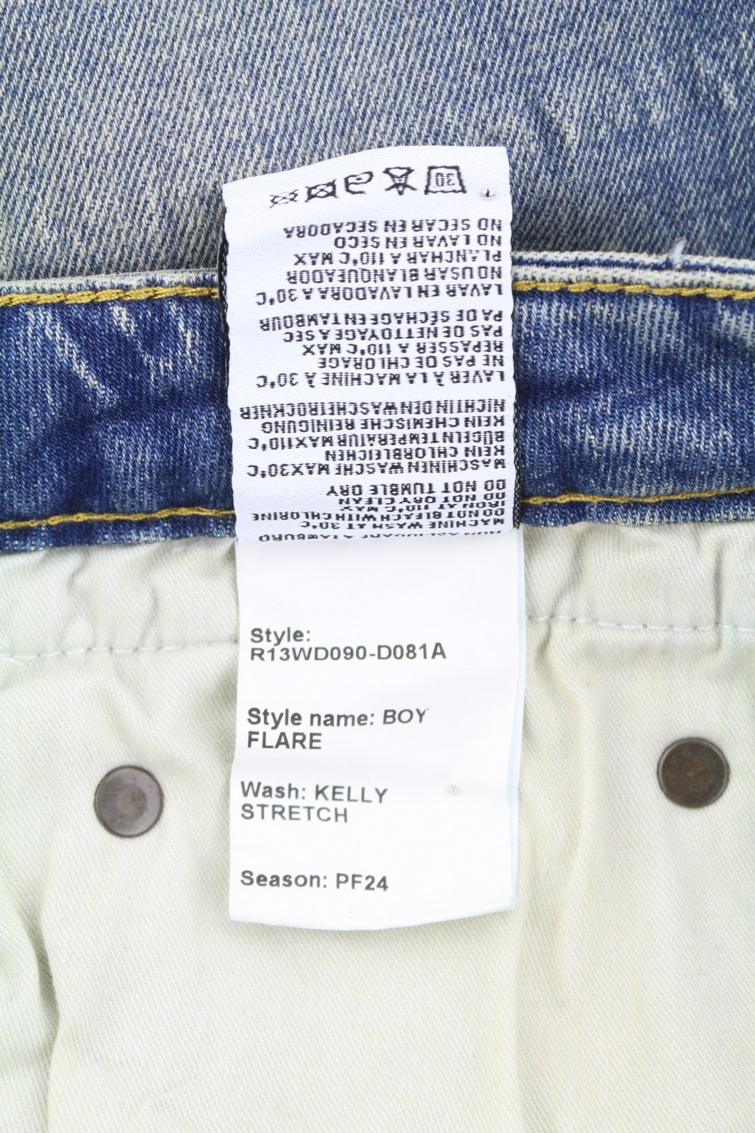 R13 berniukiški platėjantys moteriški džinsai 26 Kelly tamprūs platėjantys džinsai su išblukusiais ūsais mėlyni RRP645 