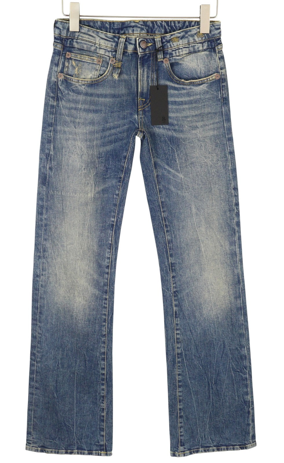 R13 berniukiški platėjantys moteriški džinsai 26 Kelly tamprūs platėjantys džinsai su išblukusiais ūsais mėlyni RRP645 