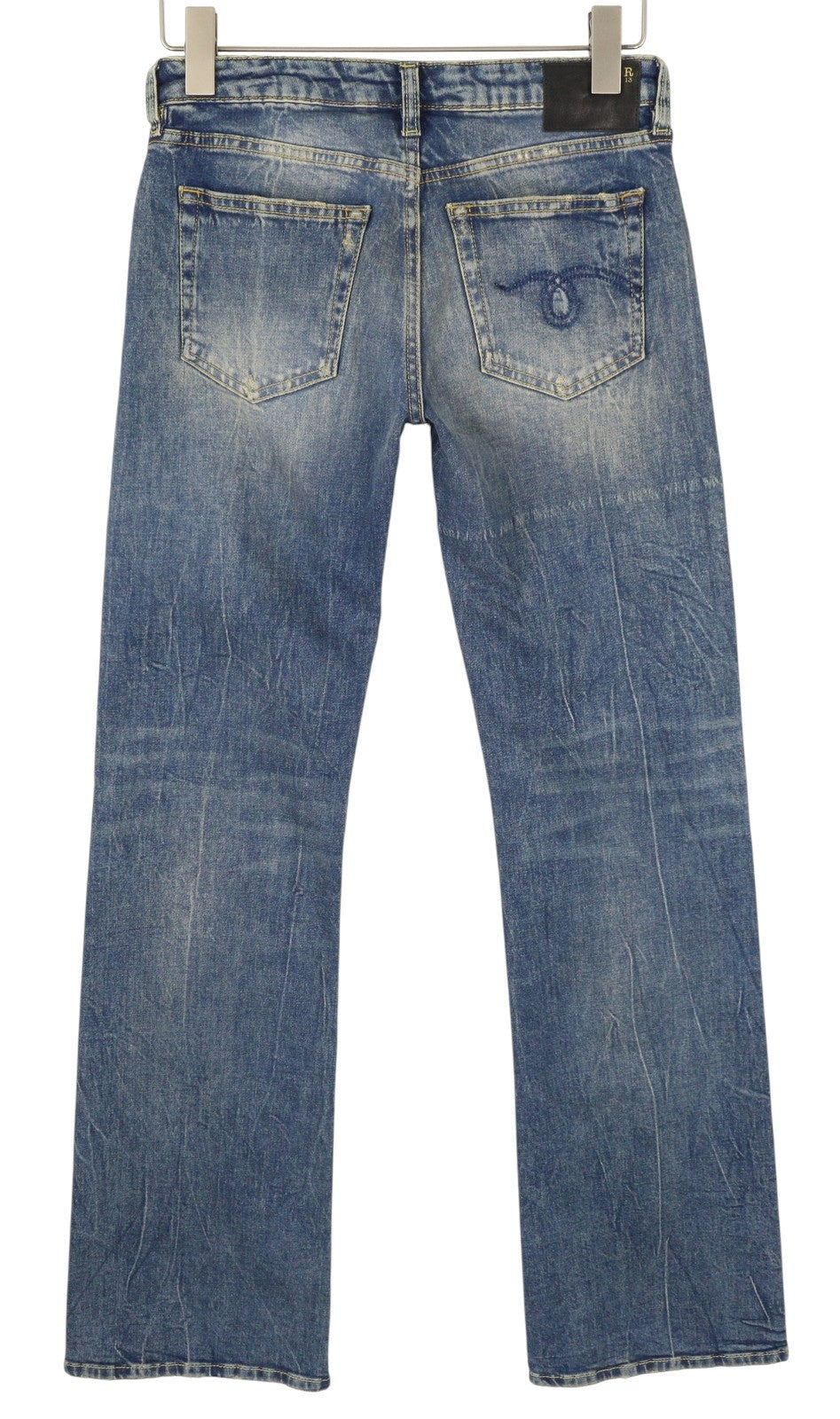 R13 berniukiški platėjantys moteriški džinsai 26 Kelly tamprūs platėjantys džinsai su išblukusiais ūsais mėlyni RRP645 