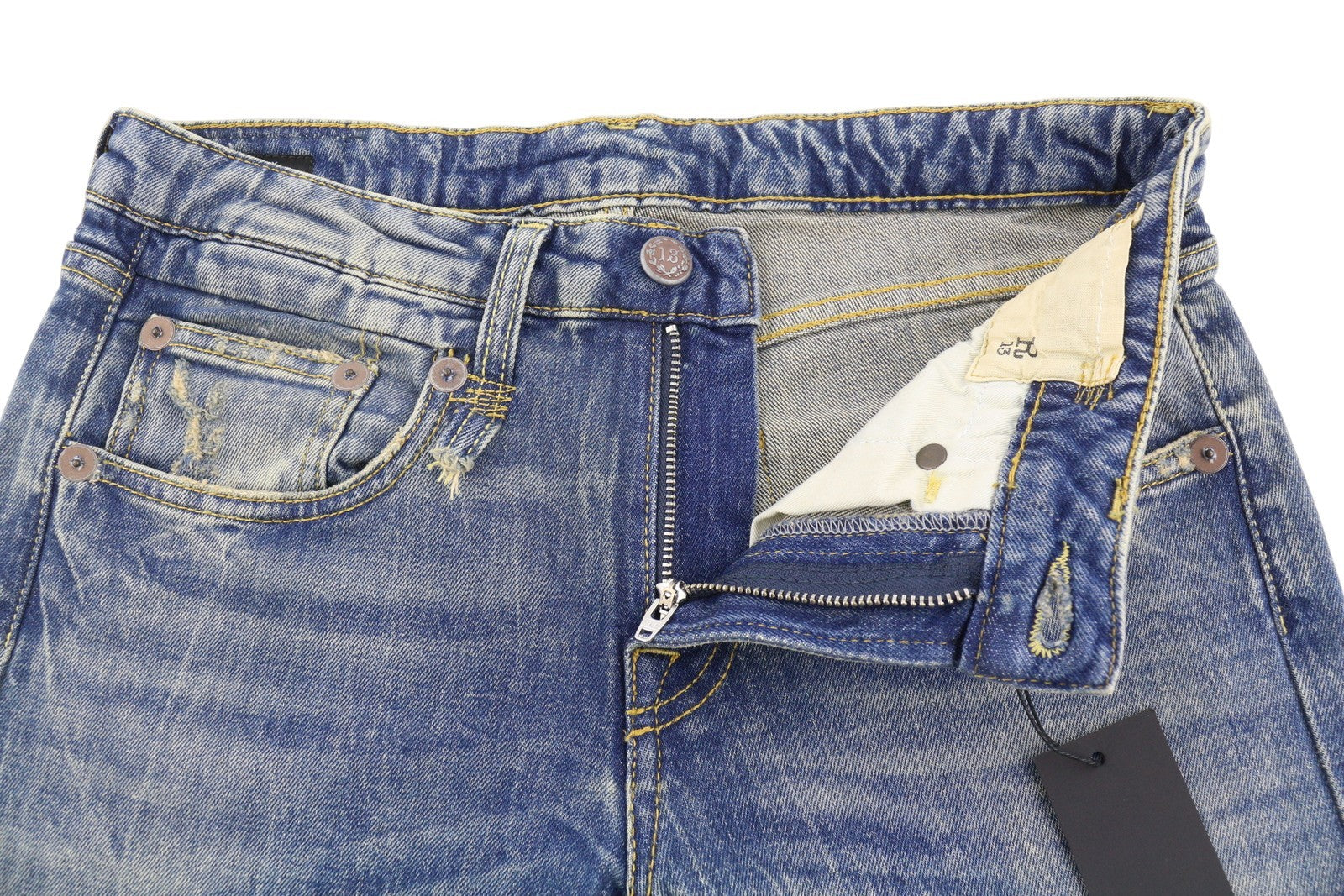 R13 berniukiški platėjantys moteriški džinsai 26 Kelly tamprūs platėjantys džinsai su išblukusiais ūsais mėlyni RRP645 