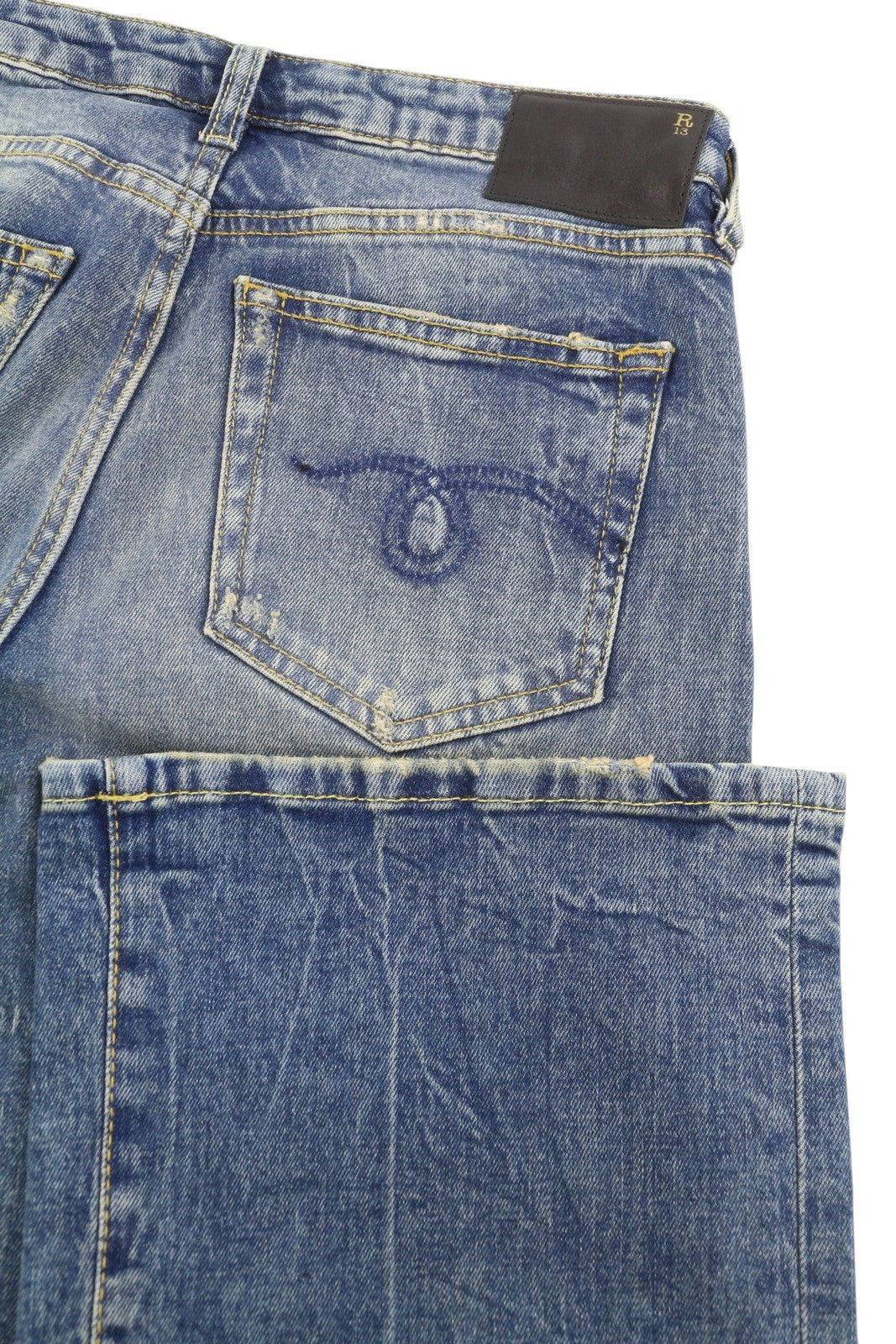 R13 berniukiški platėjantys moteriški džinsai 26 Kelly tamprūs platėjantys džinsai su išblukusiais ūsais mėlyni RRP645 