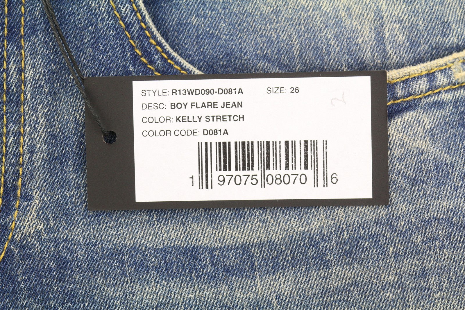 R13 berniukiški platėjantys moteriški džinsai 26 Kelly tamprūs platėjantys džinsai su išblukusiais ūsais mėlyni RRP645 