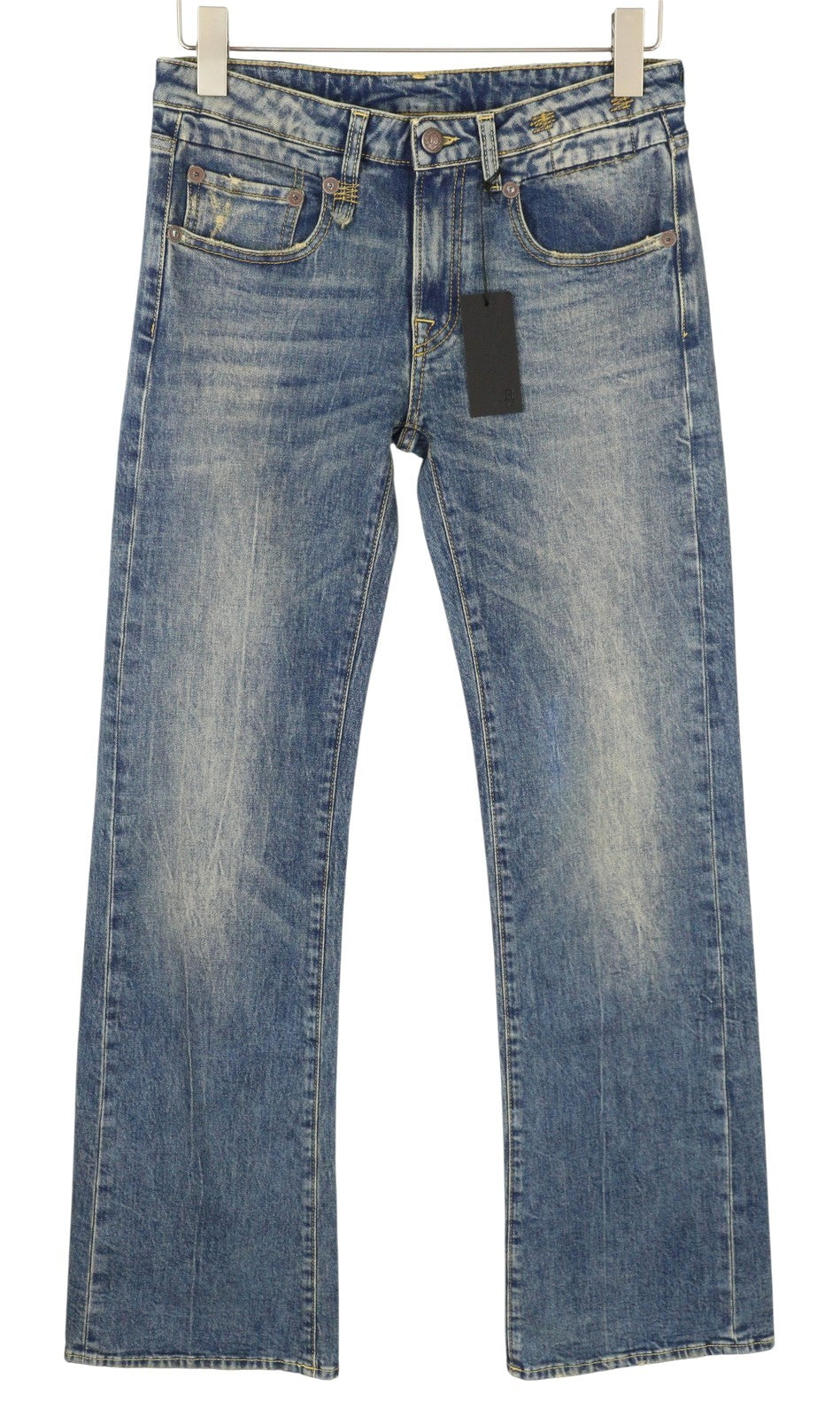 R13 berniukiški platėjantys moteriški džinsai 26 Kelly tamprūs platėjantys džinsai su išblukusiais ūsais mėlyni SS25 RRP645 