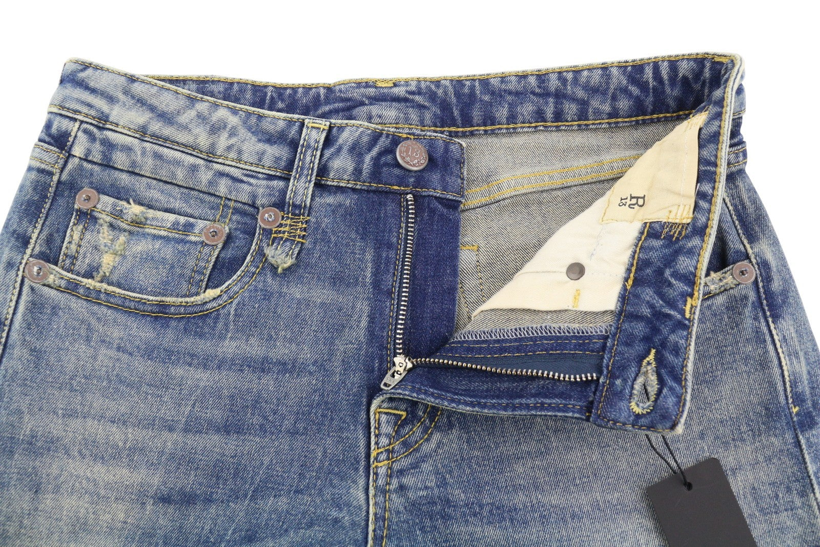 R13 berniukiški platėjantys moteriški džinsai 26 Kelly tamprūs platėjantys džinsai su išblukusiais ūsais mėlyni SS25 RRP645 