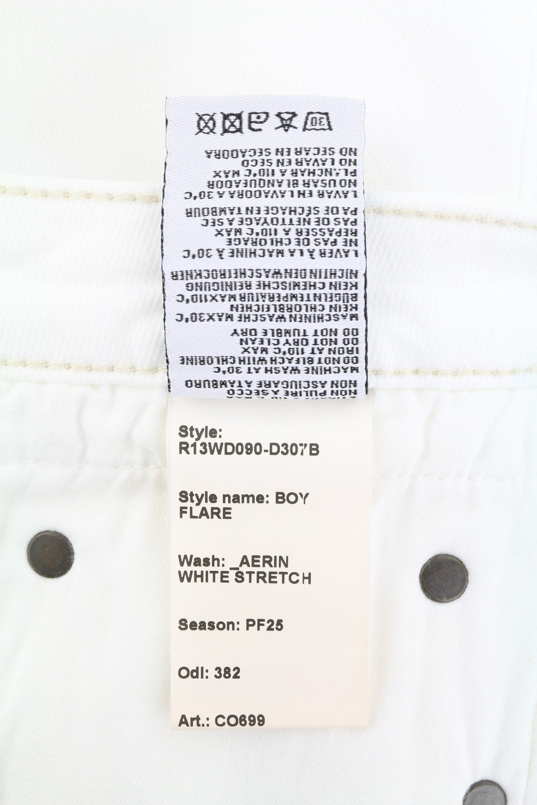 R13 berniukiški platėjantys moteriški džinsai 27 „Aerin“ balti, tamprūs, platėjantys, su užtrauktuku, džinsai PF25 
