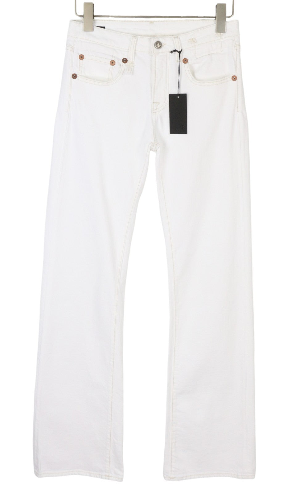 R13 berniukiški platėjantys moteriški džinsai 27 „Aerin“ balti, tamprūs, platėjantys, su užtrauktuku, džinsai PF25 