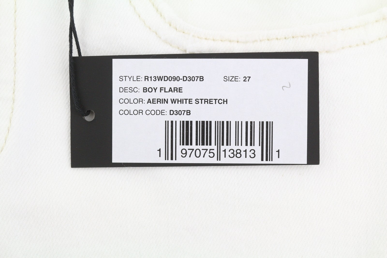 R13 berniukiški platėjantys moteriški džinsai 27 „Aerin“ balti, tamprūs, platėjantys, su užtrauktuku, džinsai PF25 
