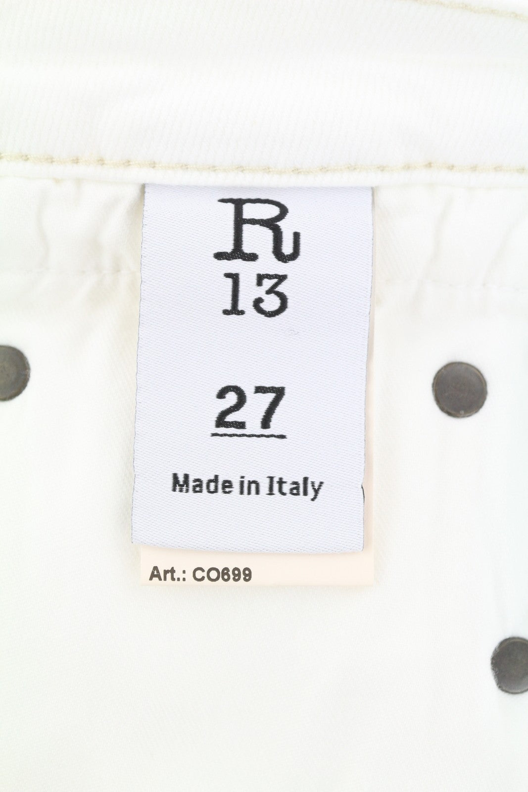 R13 berniukiški platėjantys moteriški džinsai 27 „Aerin“ balti, tamprūs, platėjantys, su užtrauktuku, džinsai PF25 