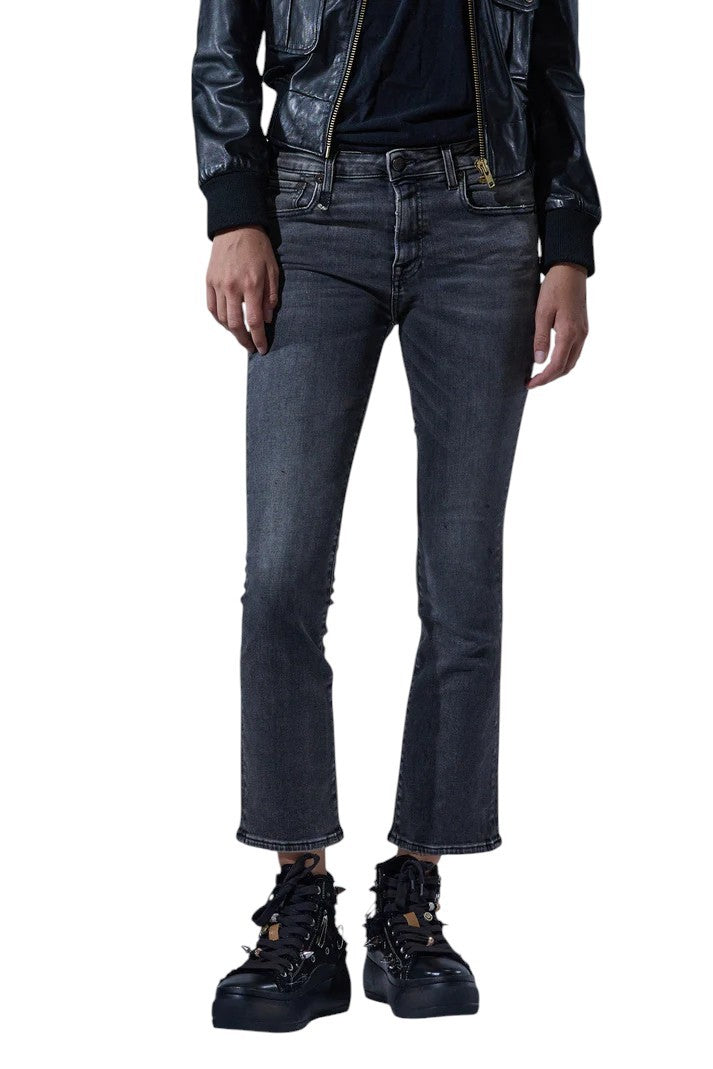R13 Kick Fit moteriški džinsai 25 Leyton juodi, tamprūs, išblukę, ploni, tiesūs FW25 RRP630 