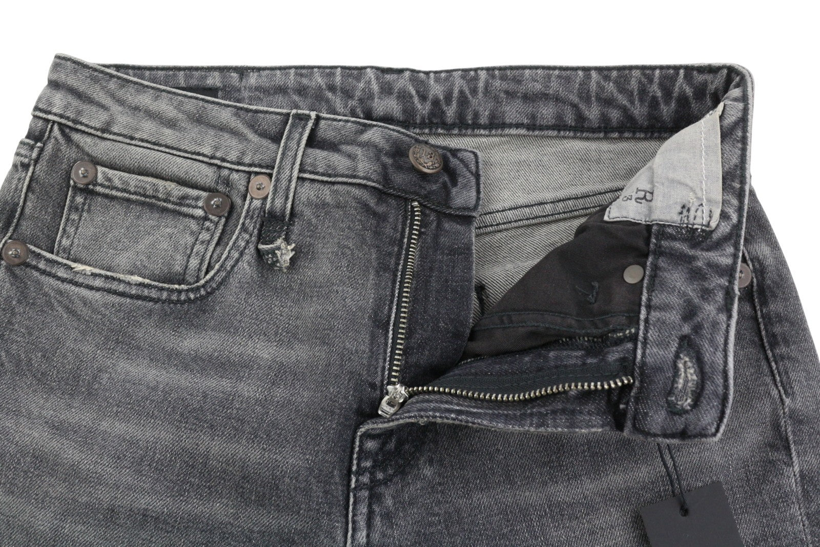 R13 Kick Fit moteriški džinsai 25 Leyton juodi, tamprūs, išblukę, ploni, tiesūs FW25 RRP630 