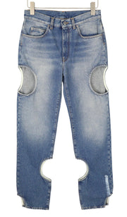 OFF-WHITE c/o VIRGIL ABLOH Meteor Denim moteriški džinsai W27 mėlyni su iškirpte RRP765 