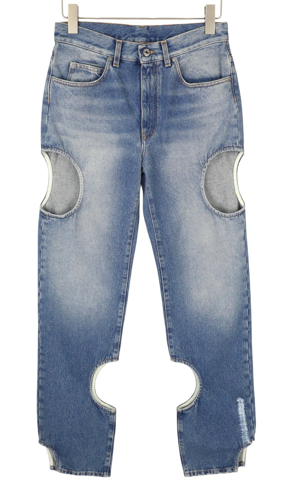 OFF-WHITE c/o VIRGIL ABLOH Meteor Denim moteriški džinsai W27 mėlyni su iškirpte RRP765 