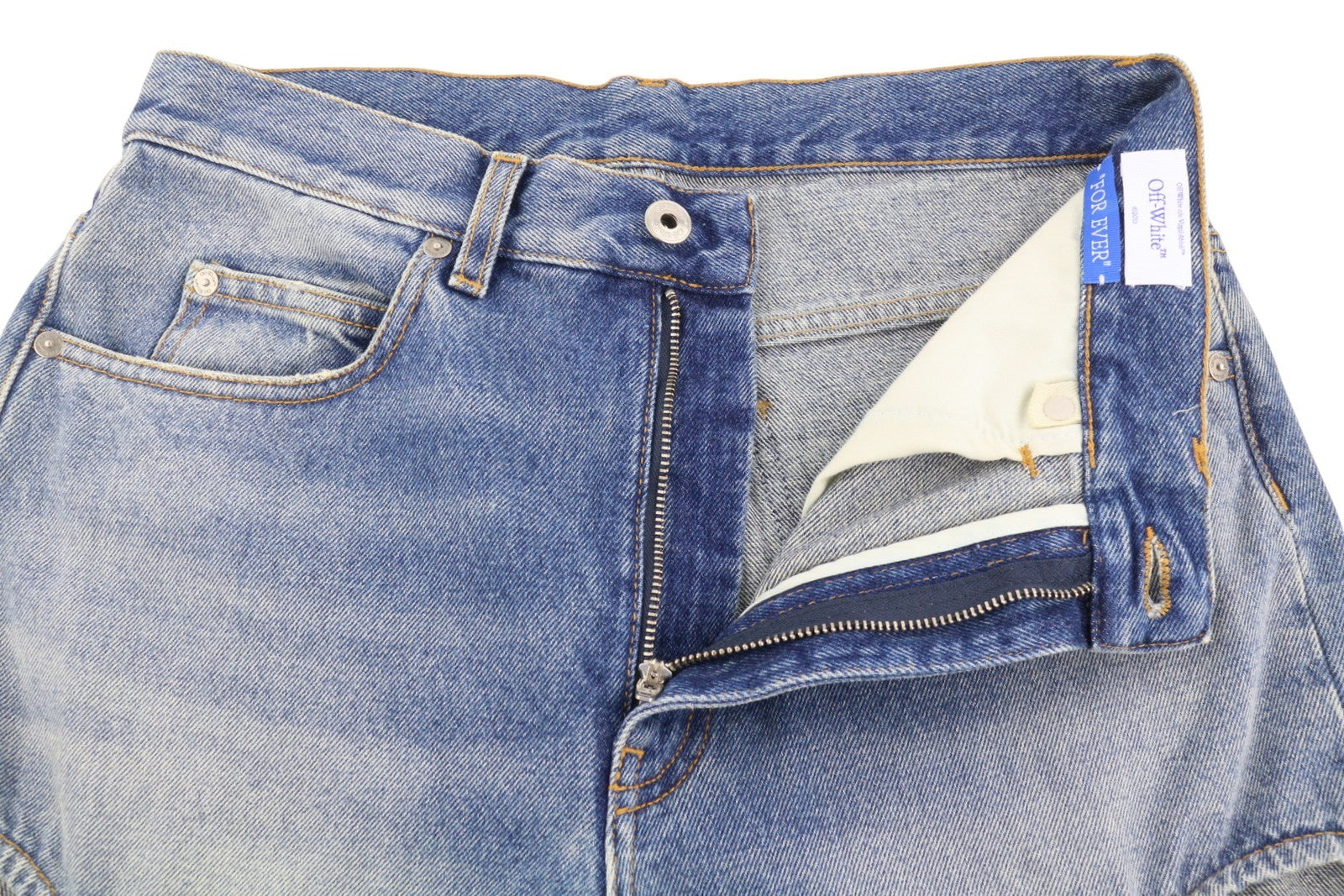 OFF-WHITE c/o VIRGIL ABLOH Meteor Denim moteriški džinsai W27 mėlyni su iškirpte RRP765 