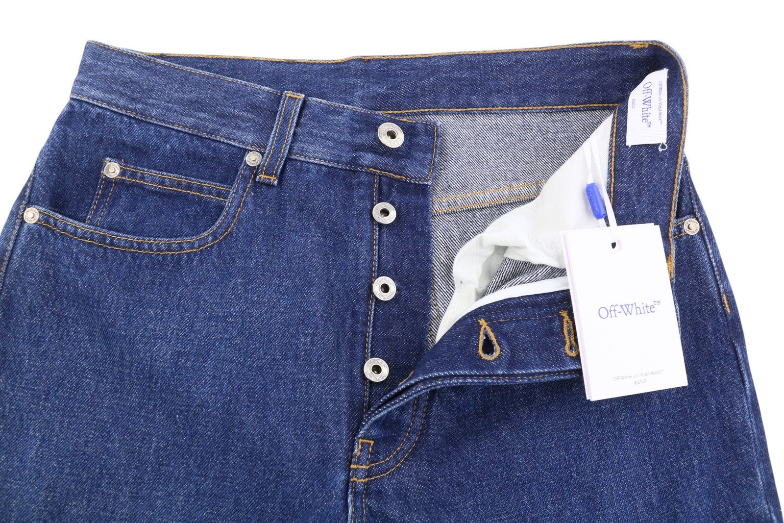 BALTOS VIRGIL ABLOH „Meteor Denim“ moteriškos džinsinės kelnės W27 mėlynos su iškirpte F25 RRP765 